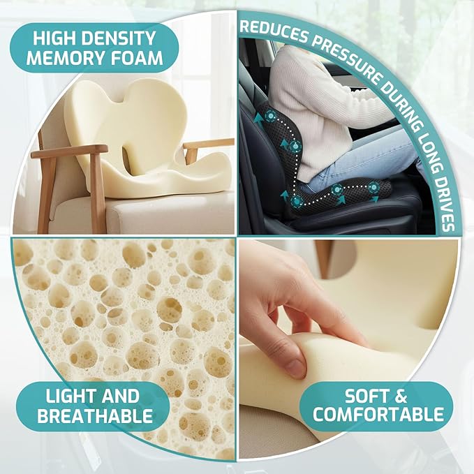 Trucker Seat Cushion, Car Seat Cushions with Lumbar Support Pillow, Ergonomic L-Shaped One Piece Memory Foam Pad for Long Driving Back Pain Sciatica Relief, Drivers Office Workers (Black+Ice Silk)