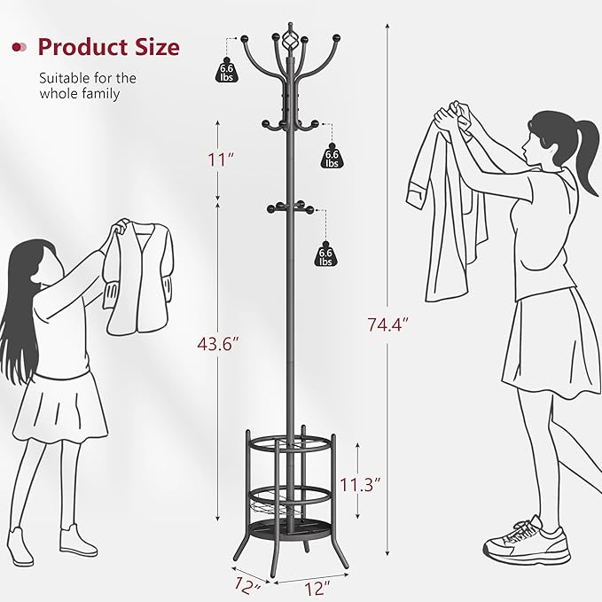 Tajsoon Coat Rack with Umbrella Holder, Coat Tree Freestanding, Coat Rack Stand with 16 Hooks, Coat Stand for Living Room, Bedroom, Office, Grey