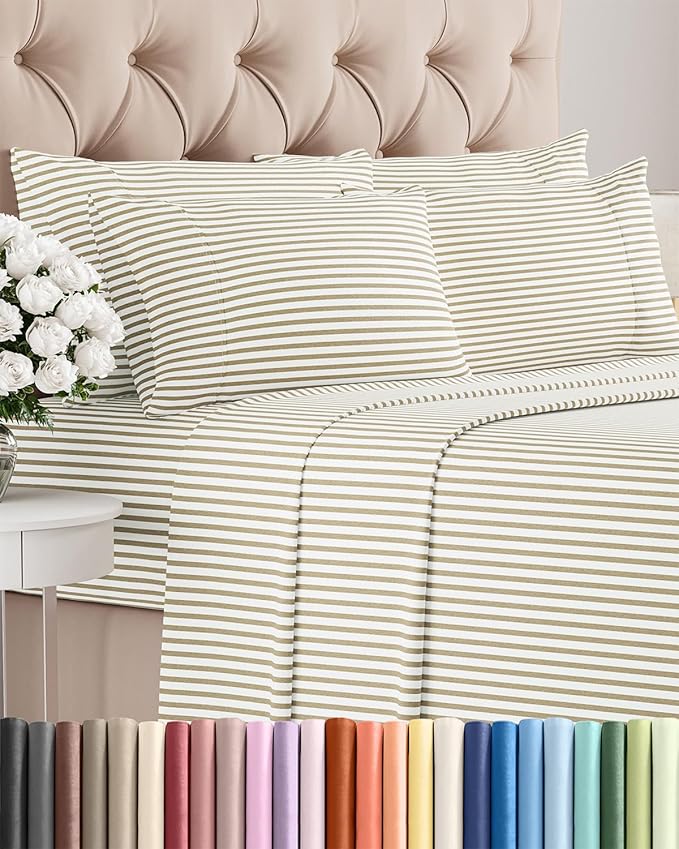 King 6 Piece Sheet Set - Cooling & Breathable Bed Sheets - Hotel Luxury Bed Sheets for Women, Men, Kids & Teens - Bedding w/Deep Pockets & Easy Fit - Soft & Wrinkle Free - King Beige Stripes Sheets