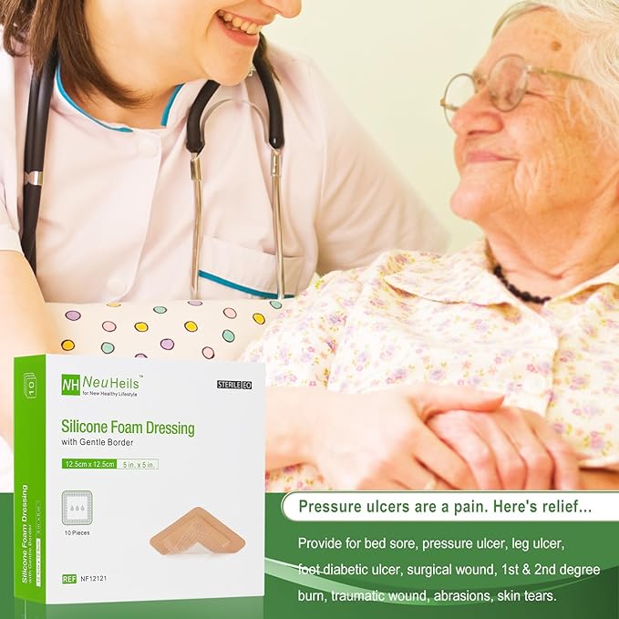 NeuHeils Silicone Foam Dressing with Gentle Border 5''x5'', 10 Pack for Bed Sore Leg Ulcer, High Absorbency Large Waterproof Silicone Adhesive Wound Bandages Patches