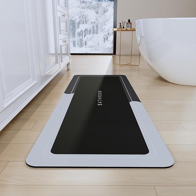 Bath Mat, Super Absorbent Non Slip Quick Dry Thin Rubber Mats for Bathroom Floor, Fit Under Door, Shower Rug for Bathtub, Dark Grey