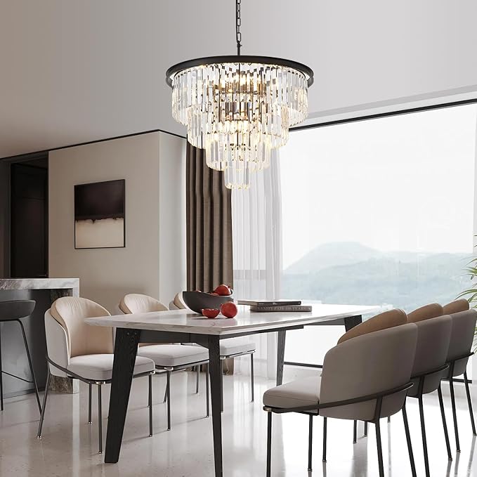 4-Tiers 23.6" Black Modern Crystal Chandelier 12-Light Crystal Pendant Ceiling Light Fixture Hanging Lighting for Entryway Dining Room Bedroom Living Room Foyer High Ceiling