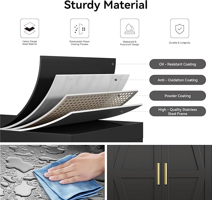 61" Black Metal Storage Cabinet, Farmhouse Pantry Cabinet with 2 Vintage Barn Doors and 3 Adjustable Shelves, Rustic Freestanding Cupboard for Kitchen,Home Office Living Room,Dining Room