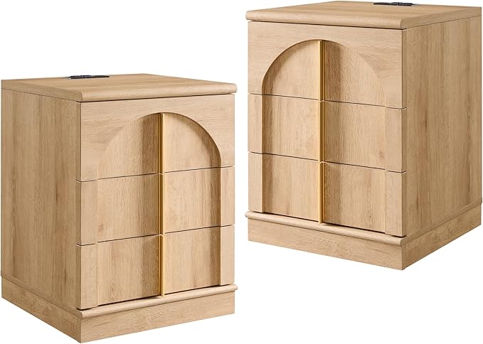 ACCOHOHO Modern Night Stand Set 2 with Arched Panel, 18" Nightstand with Charging Station, Side Table with 3 Storage Drawers, Wood Square Bedside End Table for Bedroom Living Room, Natural Oak