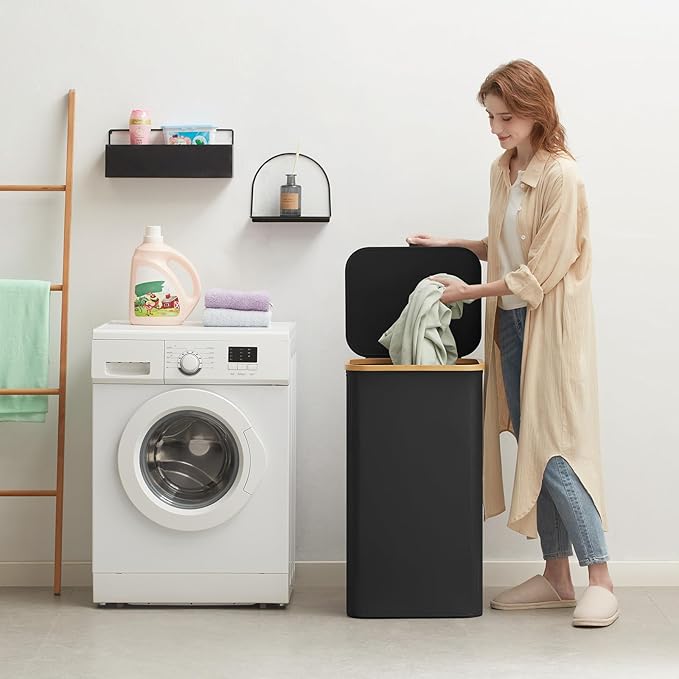 Lifewit 100L Laundry Basket with Lid, Clothes Hampers for Laundry with Bamboo Handles and A Removable Bag, Large Foldable Laundry Hamper for Bedroom, Bathroom, Dorm, Laundry Room, Black