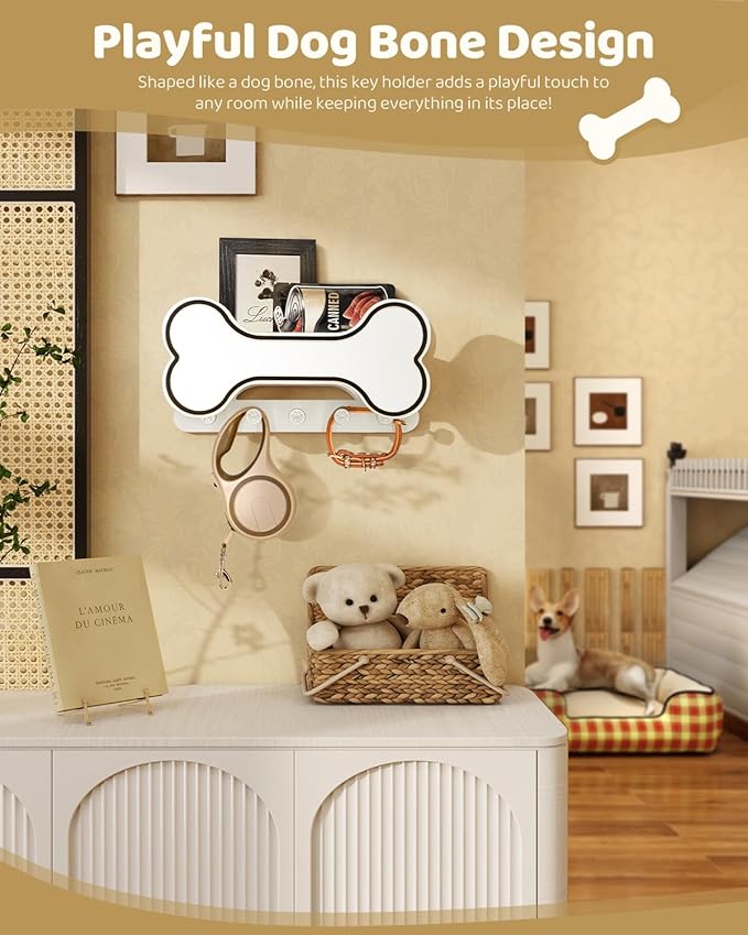 Decorative Dog Leash Holder for Wall - Doggie Bone Shape Key Holder Wall Mount with 5 Chic 3D Puppy Paw Hooks & Dog Stuff Storage Shelf - Apartment Essentials (Black & White)