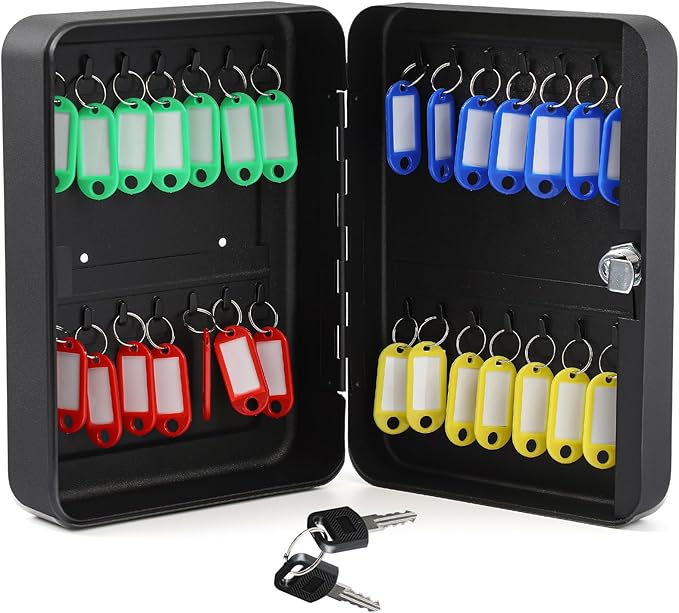 Ripeng 28-Keys Key Lock Box Wall Mount Steel Key Cabinet Lock Box Security Holder with Tags and Hooks Organizer Wall Safe Storage for Car Office Hotel House Rental Business, Black