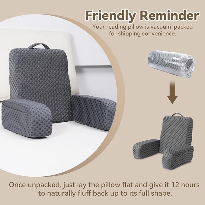 Bed Reading Pillow Back Support with Arms, Removable Pillowcase for Book Working Gaming Resting Watching TV, White/20in