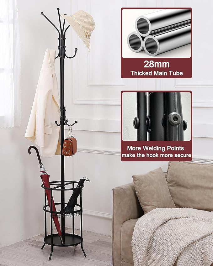 Metal Coat Rack Freestanding Coat Rack with Umbrella Stand, Black Coat Tree with 12 Hooks for Clothes Hats Bags, Modern Coat Hanger Stand for Entryway Living Room Bedroom Office Use