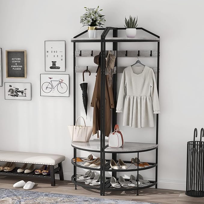 GiftGo Grey Corner Hall Tree with Shoe Bench Entryway Coat Rack with 10 Metal Movable Hooks Rustic Farmhouse Floorstanding Clothes Rack Shoes Shelf Organizer for Home Office Bedroom (Greige)