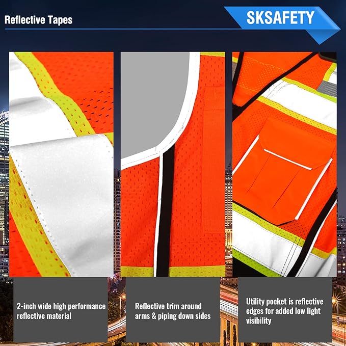 SKSAFETY 10 Pockets Professional level Safety Vest, Class 2 High Visibility Security Vest with Zipper, Hi Vis Vest with Reflective Strips, ANSI/ISEA Standard, Construction Work Vest（Orange Black, 2XL）
