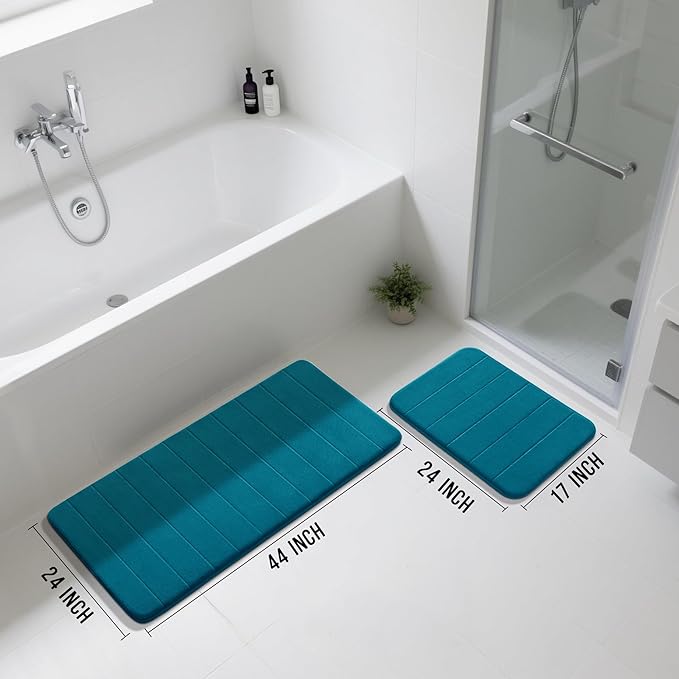 Yimobra Large Bath Mat Set 2 Piece- Super Soft Absorbent Quick Dry Memory Foam Bathroom Rugs, Machine Washable Non Slip Floor Carpet for Tub Shower & Double Vanity (17x24 & 44x24, Peacock Blue)