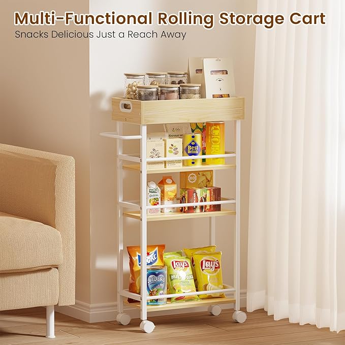 Slim Storage Cart, 4 Tier Rolling Cart with Handle, Kitchen Cart on Wheels, Metal Frame Narrow Cart for Small Spaces for Dining Room, Bathroom, Laundry Room, Office White