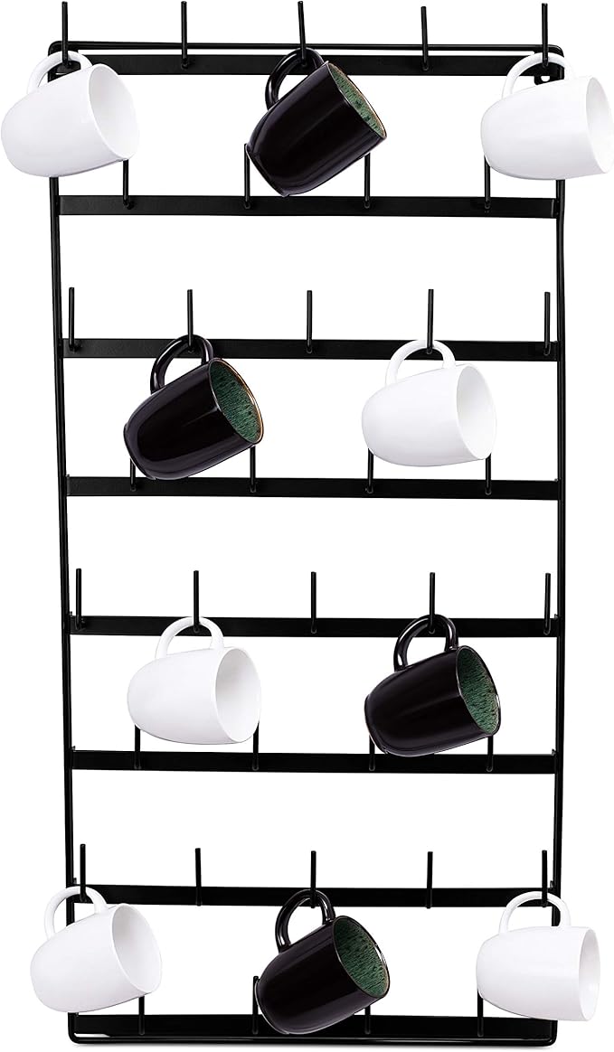 BIRDROCK HOME 36 Peg Coffee Mug Organizer Wall - 8 Tier Wall Mounted Coffee Mug Holder - Tea Cup Display Shelf Wall Mounted - Heavy Duty Decorative Kitchen Bar Organizer Flat Metal Steel Rack - Black