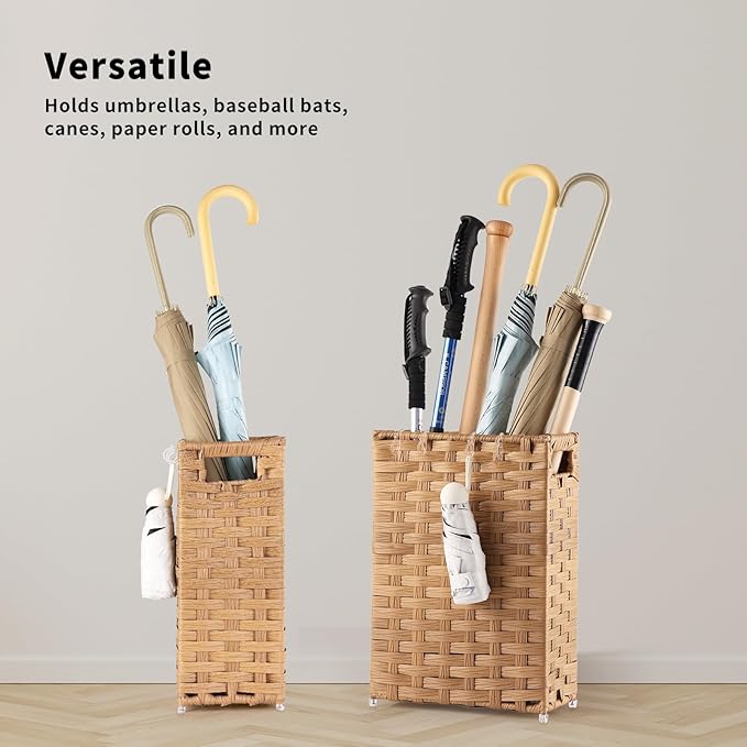 Rattan Umbrella Stand, Umbrella Holder for Entryway, Hand Woven Umbrella Rack Organizer Freestanding, with a Detachable Drip Tray, 4 Hooks, 6.5" L x 6.5" W x 16.5" H, Natural