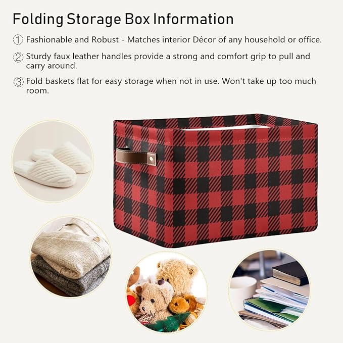 Red and Black Buffalo Plaid Storage Basket Cube Storage Bins Organizer Bag Collapsible Closet Shelf Baskets with handle for Cloth Book 14.2×10.2×8.3 IN
