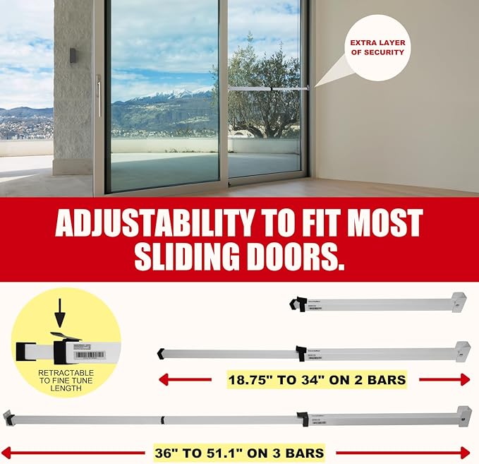 SECURITYMAN Sliding Door Security Bar-Child Proof Sliding Door Lock Bar with Anti Lift Lock - Fits Most Doors & Windows - Adjustable Patio Door Security Bar (18.75"- 51.1") - White