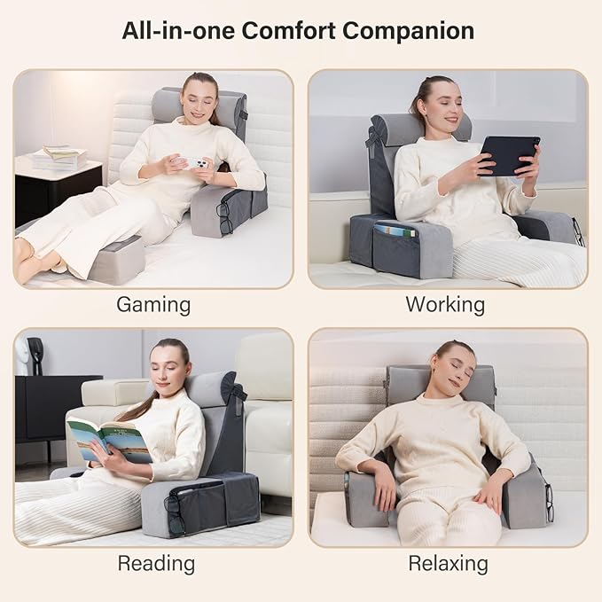 Vekkia 21" Reading Pillow for Sitting in Bed – 60° Ergonomic Wedge Back Pillow, XL Side Pockets, Removable Cover, Support Chair for TV, Gaming, Working, Nursing, Recovery in Bed/Floor,Lightweight