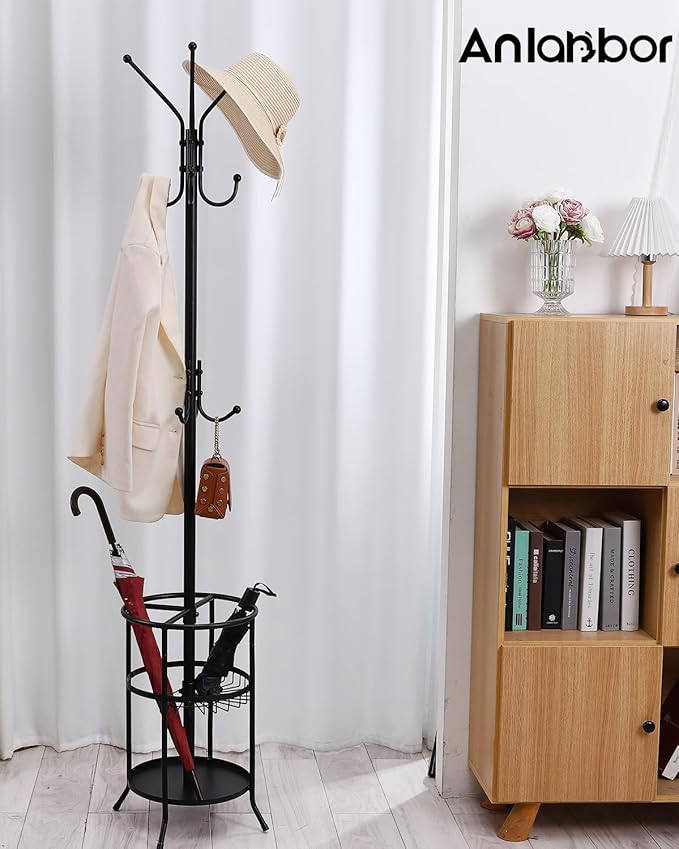 Metal Coat Rack Freestanding Coat Rack with Umbrella Stand, Black Coat Tree with 12 Hooks for Clothes Hats Bags, Modern Coat Hanger Stand for Entryway Living Room Bedroom Office Use