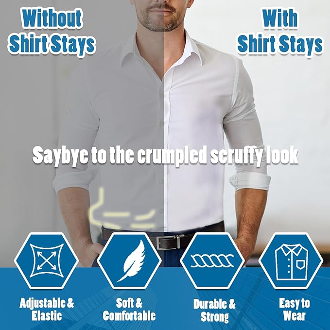 STAY GENT Y-Style Shirt Stays For Men with Non-Slip Locking Clamps and Adjustable Elastic Straps