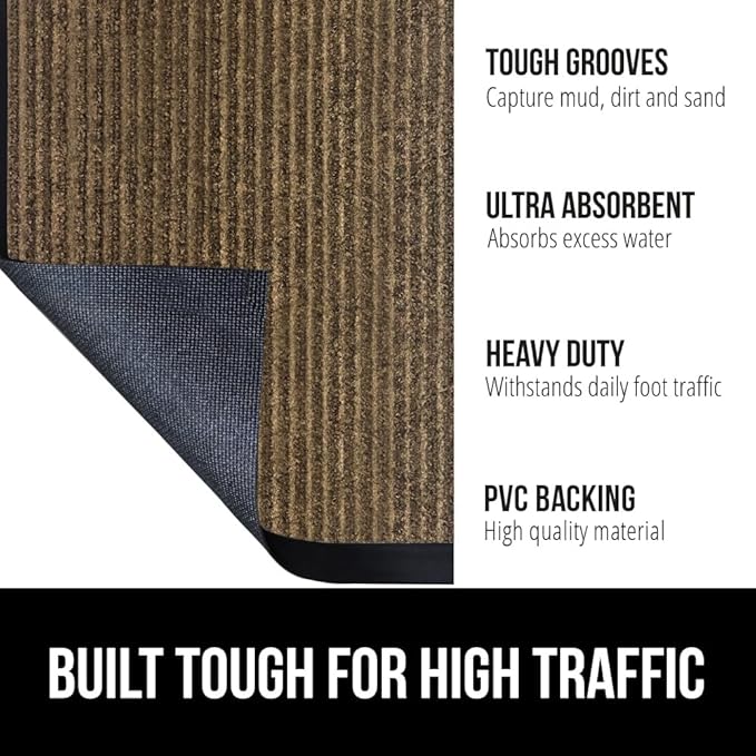 GORILLA GRIP Waterproof Traffic Guard Door Mat, 2 Pack Heavy Duty Entryway Mats, Strong Rubber Back Commercial Utility Rugs for Office Hallway, Garage Floor and Home, Low Profile Carpet, 29x17, Brown