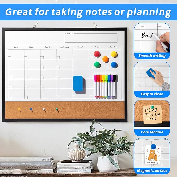 Dry Erase Calendar Whiteboard, 24" x 18" Magnetic Whiteboard Cork Board Combo, Reusable Monthly Planner with 8 Markers, Eraser, Magnets and Pushpins, Hanging Dry Erase Board for Home, School - Black