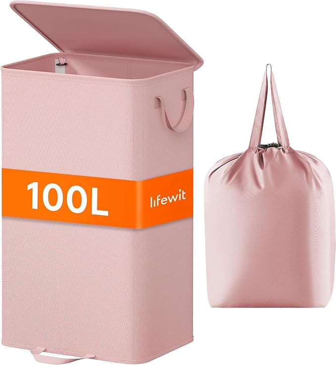 Lifewit Laundry Hamper with Lid and Removable Laundry Bag, Large Collapsible 1 Divider Dirty Clothes Basket with Handles for Bedroom, Laundry Room, Closet, Bathroom, College, 100L Pink