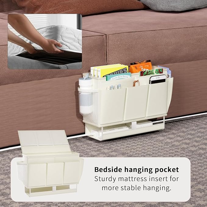Bedside Caddy Bedside Organizer,Bed Caddy with 11 Pockets and Power Strip Holder,Versatile Bedside Storage Caddy for Home,Dorm,Bunk,Hospital,Crib Bed (White)