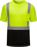 High Visibility Shirts Quick Dry Safety T Shirts with Reflective Strips and Pocket Short Sleeve Mesh Hi Vis Construction Work Class 2 Shirt for Men/Women Black Bottom Lime,XL