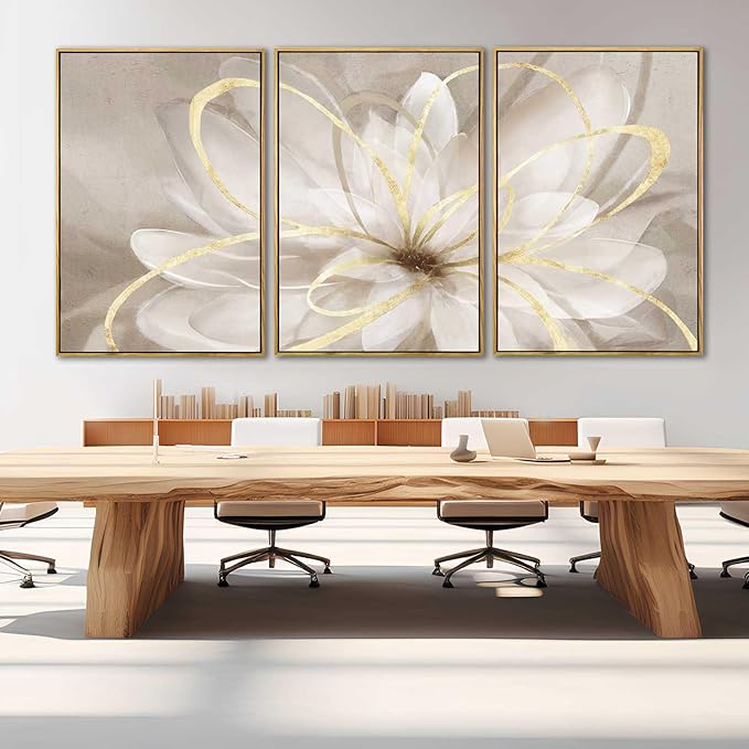 SOUGUAN Living Room Decor White Flower Artwork Gold Canvas Wall Art Abstract Line Painting for Bedroom Kitchen Dining Room Home Wall Decor 26"x40"x 3 Pieces