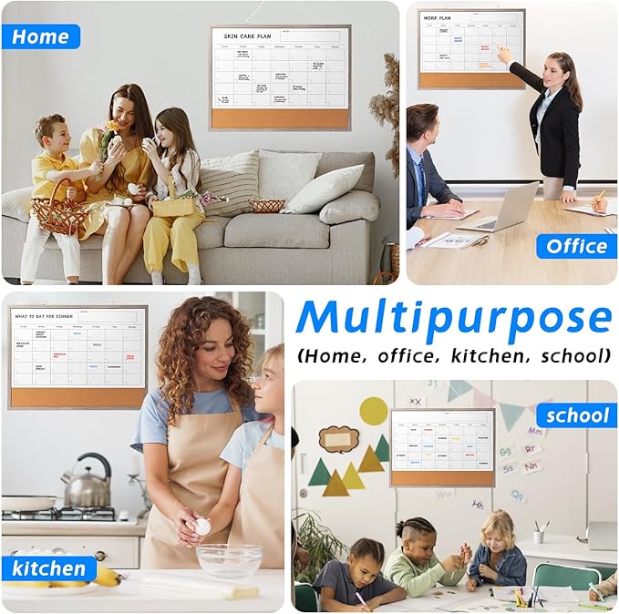 Dry Erase Calendar Whiteboard, 24" x 18" Magnetic Whiteboard Cork Board Combo, Reusable Monthly Planner with 8 Markers, Eraser, Magnets and Pushpins, Hanging Dry Erase Board for Home, School - Gray