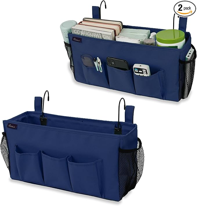 Surblue Bedside Organizer with Hook Bedside Caddy Hanging Storage Bag with Adjustable Straps and Water Bottle Holder for Home College Dorm Bunk Bed Accessories, Crib Bed Rails, Hospital Bed,Navy,2PCS