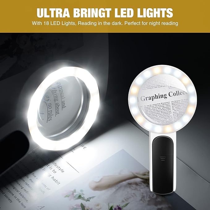 Magnifying Glass with Light, High Magnification Handheld Large Magnifying Glass 18LED Cold and Warm Light with 3 Modes, Illuminated Lighted Magnifier for Seniors Reading, Coins, Jewelry, Exploring