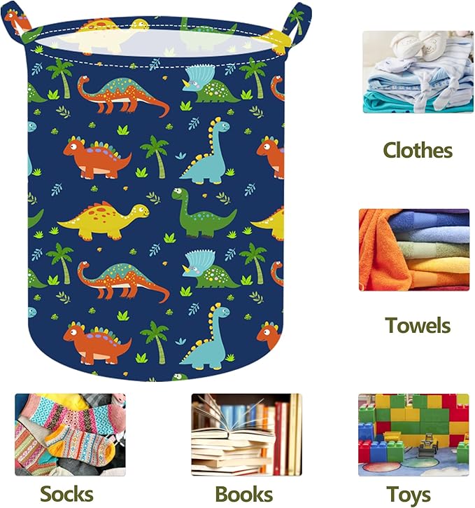 19.7 Inch Round Dinosaur Laundry Clothes Hamper Laundry Basket with Handles,Storage Organizer Bins Laundry Gift Basket for Room, Bedroom Decor
