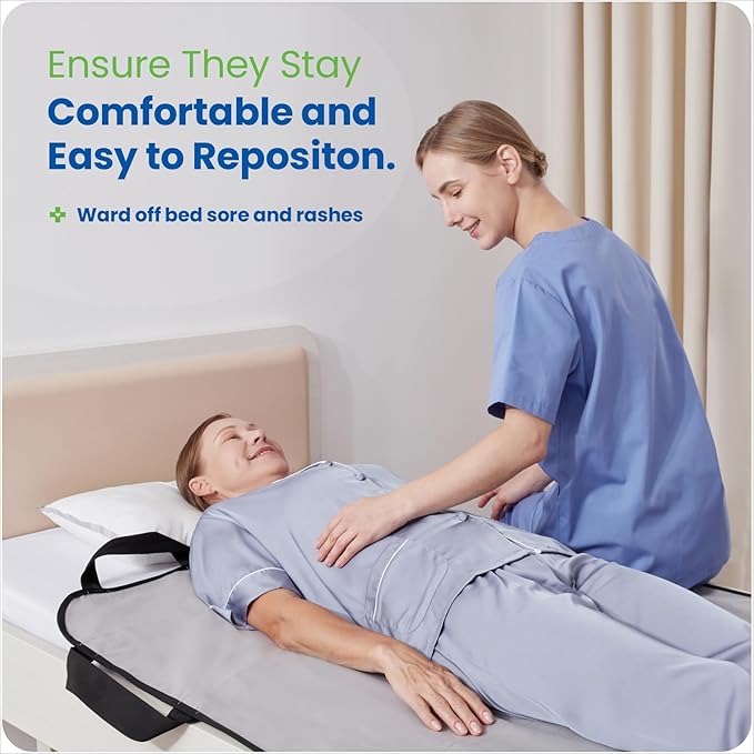 NIHAO Bed Positioning Pad 43" x 36" with 8 Reinforced Handles & Pockets, Comfortable Flannel Transfer Sheet for Turning, Lifting & Repositioning Multipurpose repositioning pad, Navy Blue