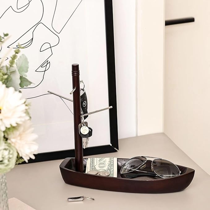 Entryway Key Holder Stand, 4 Metal Key Hooks and Storage Tray, Ash Solid Wood Decorative Boat Shape Tabletop Key Rack, Small Accessory Organizer and Hanging Stand.