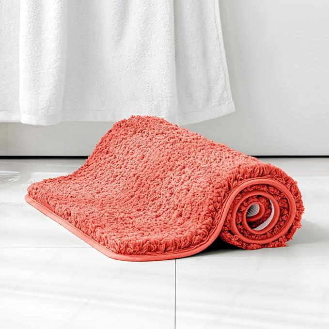 MIULEE Extra Thick Non Slip Bathroom Rug Shaggy Soft Bath Mat Plush Microfiber Absorbent Water for Shower Tub Machine Washable (Living Coral, 16x24 Inches)