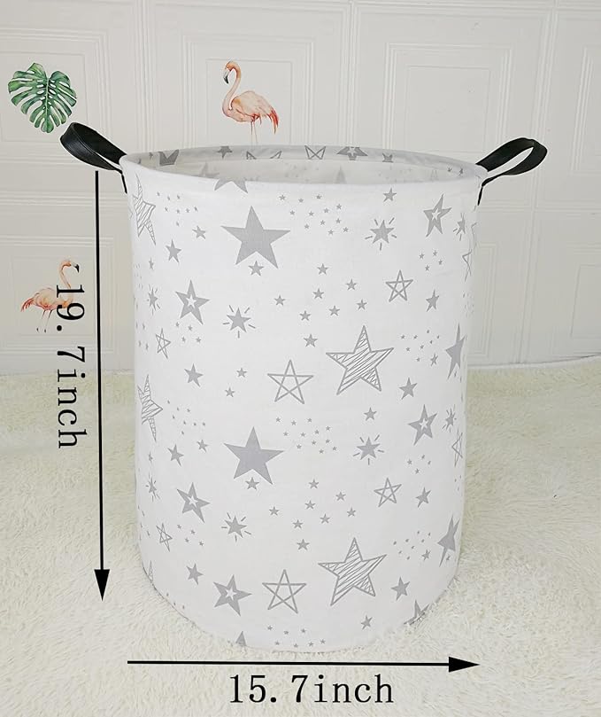 19.7 Inch Round Laundry Clothes Hamper Laundry Basket with Handles,Storage Organizer Bins Laundry Gift Basket for Room, Bedroom Decor (Grey Star)