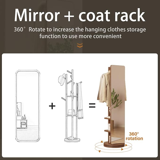 WoodsWhisper Full Length Mirror Coat Rack Solid Wood Floor Mirror 66"x12" Full Length Mirror with Stand Long Mirrors for Bedroom,Living Room