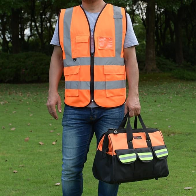 zojo High Visibility Safety Vests With Pockets, Wholesale Reflective Vest for Outdoor Works, Cycling, Jogging, Walking,Sports - Fits for Men and Women (Pack of 10, XXL-Orange)
