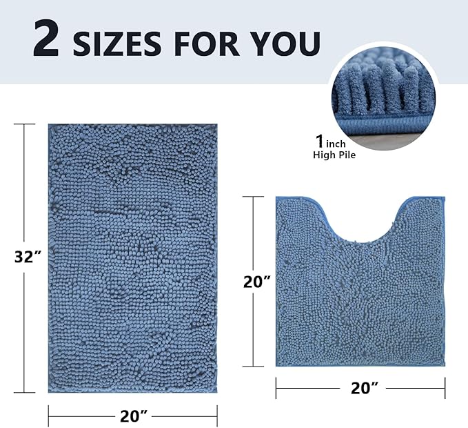 BOANKODU Bath Rug Sets 2-Piece, Soft Chenille Bath Mat - U-shape (32x20 + 20x20 Inch) for Bathrooms, Non-Slip, Machine Washable (Deep Blue)