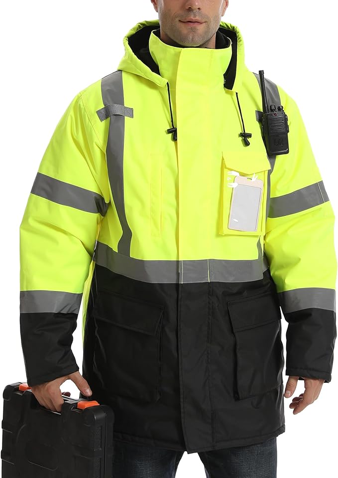 Reflective Jacket, High Visibility Parka, Waterproof Hi Vis, Safety Jacket with Removable Hood and Zipper, ANSI Class 3 (Lime,XL)