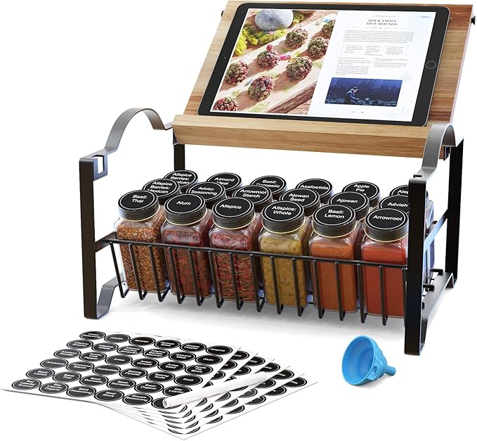 3 Tier Spice Rack Organizer with Bamboo Top Tablet Holder, 18 Spice Jars, 422 Spice Labels, and Funnel Set for Kitchen, Cabinet, Countertop, Pantry, Cupboard. Seasoning Organizer Black
