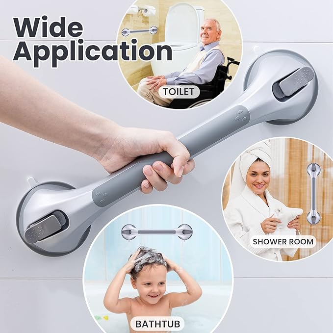LEVERLOC Shower Grab Bars 2 Pack, Suction Grab Bar Easy to Install Shower Handle for Bathroom Removable Handrails for Seniors Elderly Heavy Duty Safety Grip Waterproof Drill Free, Silver