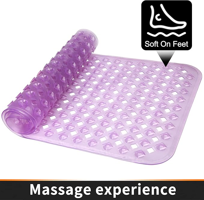 Yimobra Non Slip Bath Mat, Super Strong Suction Cups,34.5"x15.5"Long Tub Mat with Drain Holes, Machine Washable Fast Draining Shower Mats, Bathroom Essentials,Clear Purple