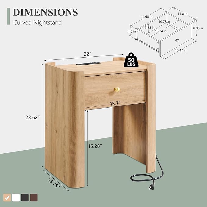 23.6" Tall Modern Nightstand with Charging Station, 22" Wide Curved Bedside Table with 1 Storage Drawer, Wooden Night Stand, Large End Table for Bedroom, Living Room, Natural