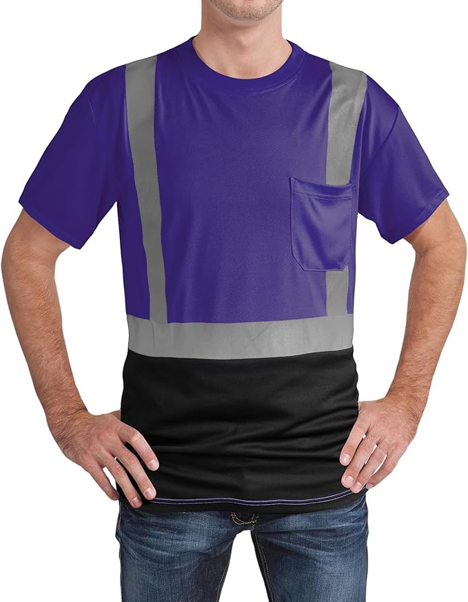 High Visibility Shirts Quick Dry Safety T Shirts with Reflective Strips and Pocket Short Sleeve Mesh Hi Vis Construction Work Class 2 Shirt for Men/Women Black Bottom Purple,Large