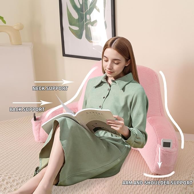 Reading Pillow for Sitting in Bed, Large Backrest Reading Pillow with Arm Rest,Back-Rest Support Cushion for Sit Up on Couch, Sofa, and Floor, Dorm Essentials (Pink Faux Fur, Standard(17"))