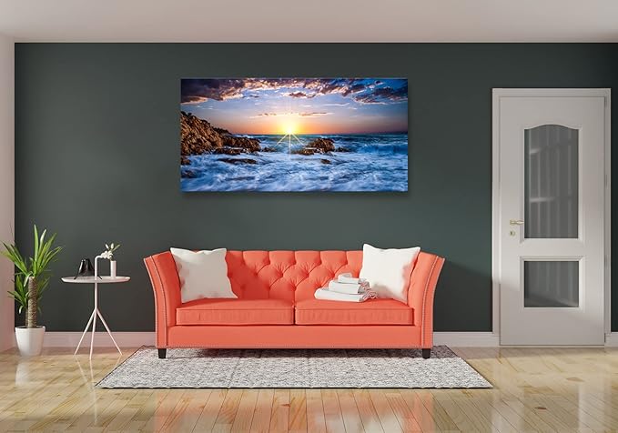 Muolunna BK05862 Wall Art Decor Canvas Print Picture Sunset Blue Ocean 1 Panel Sea Waves Scenery Painting Artwork for Office Wall Decor Home Decoration Stretched and Framed Ready to Hang 24x48inch