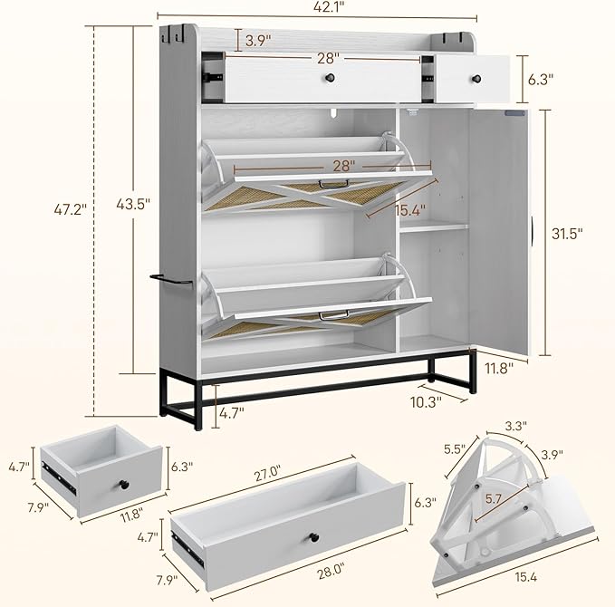 Shoe Cabinet with 2 Flip Cabinets & Side Cabinet, Shoes Cabinet with Adjustable Shelves, Shoe Storage Organizer for Entryway, Hallway Living Room, Space-Saving, White